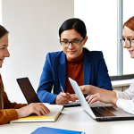 **

A diverse group of "Verwaltungsfachangestellte" (administrative professionals) collaborating around a table filled with textbooks, laptops displaying online courses, and practice exam papers. Focus on teamwork, knowledge sharing, and a supportive learning environment. The setting is a modern, bright co-working space. In the background, a mentor figure is guiding a younger colleague. Include German legal texts and study materials.

**