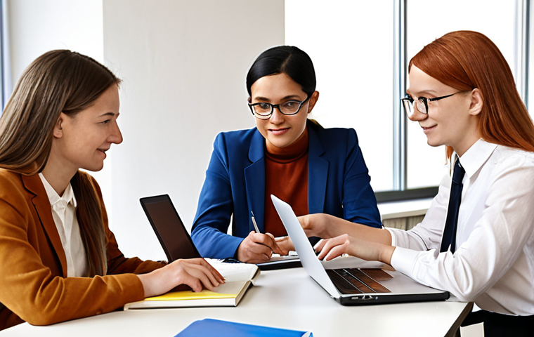 **
A diverse group of "Verwaltungsfachangestellte" (administrative professionals) collaborating around a table filled with textbooks, laptops displaying online courses, and practice exam papers. Focus on teamwork, knowledge sharing, and a supportive learning environment. The setting is a modern, bright co-working space. In the background, a mentor figure is guiding a younger colleague. Include German legal texts and study materials.
**