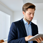 A determined young professional, German ethnicity, in a modest business casual blazer and collared shirt, meticulously reviewing a digital study plan on a sleek tablet. The setting is a bright, contemporary home office with organized textbooks and a warm cup of tea. The atmosphere is calm and focused, emphasizing strategic planning and efficient learning. fully clothed, appropriate attire, safe for work, perfect anatomy, correct proportions, natural pose, well-formed hands, proper finger count, natural body proportions, professional, high quality studio lighting, detailed, appropriate content.
