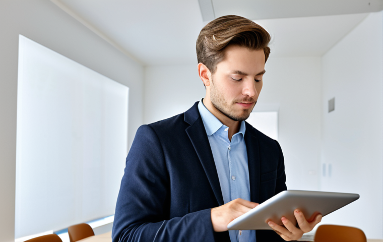 A determined young professional, German ethnicity, in a modest business casual blazer and collared shirt, meticulously reviewing a digital study plan on a sleek tablet. The setting is a bright, contemporary home office with organized textbooks and a warm cup of tea. The atmosphere is calm and focused, emphasizing strategic planning and efficient learning. fully clothed, appropriate attire, safe for work, perfect anatomy, correct proportions, natural pose, well-formed hands, proper finger count, natural body proportions, professional, high quality studio lighting, detailed, appropriate content.