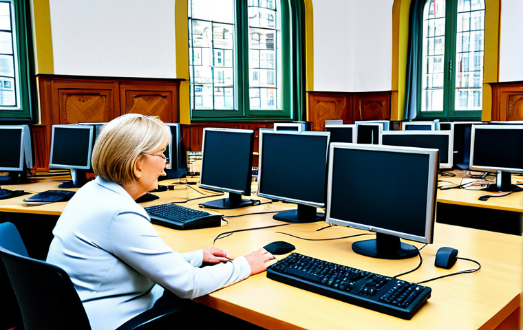 Digital Town Hall**
"A modern, bright computer lab in a German Rathaus (town hall), fully clothed citizens of various ages working on computers, appropriate attire, safe for work, perfect anatomy, natural proportions, demonstrating e-government services, professional photography, high quality, family-friendly."
**