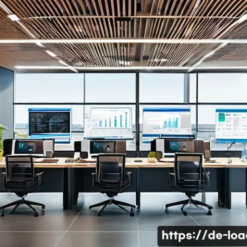 지방행정사와 관련된 세부 전문 분야 - A modern German municipal office interior showcasing efficient organization: employees collaborating...