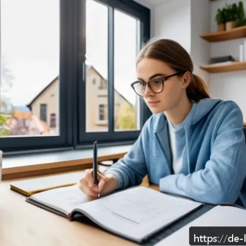 지방행정사 자격증 준비기간 단축법 - A focused young German adult studying for the Verwaltungsfachwirt exam in a modern, cozy home office...