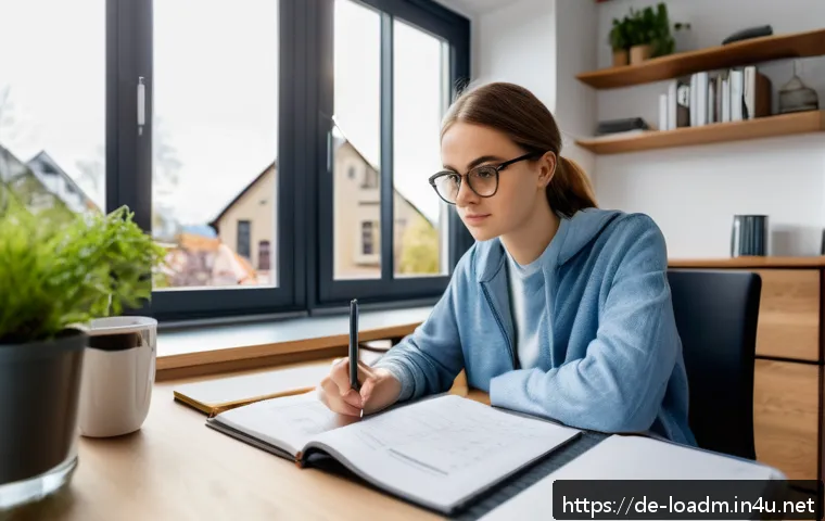 지방행정사 자격증 준비기간 단축법 - A focused young German adult studying for the Verwaltungsfachwirt exam in a modern, cozy home office...